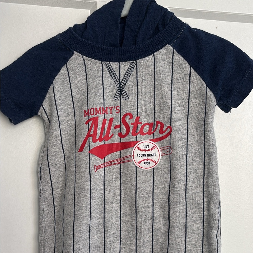 Mommy’s All Star Baby Baseball Romper / Hooded Gray & Navy One Piece